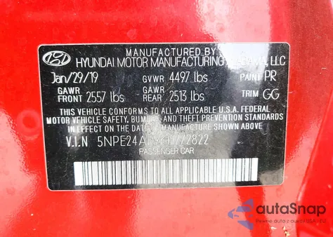 2019 Hyundai Sonata Se z USA, uszkodzony, nr VIN 5NPE24AF9KH772822